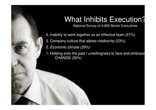 What Inhibits Execution?
                 National Survey of 4,000 Senior Executives

4. Inability to work together as an effective team (21%)
3. Company culture that allows mediocrity (23%)
2. Economic climate (29%)
1. Holding onto the past / unwillingness to face and embrace
     CHANGE (35%)
 