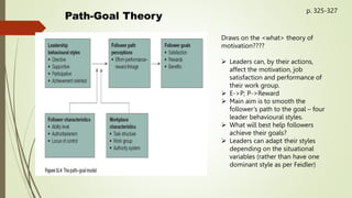 Path-Goal Theory
p. 325-327
Draws on the <what> theory of
motivation????
 Leaders can, by their actions,
affect the motivation, job
satisfaction and performance of
their work group.
 E->P; P->Reward
 Main aim is to smooth the
follower’s path to the goal – four
leader behavioural styles.
 What will best help followers
achieve their goals?
 Leaders can adapt their styles
depending on the situational
variables (rather than have one
dominant style as per Feidler)
 