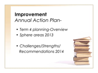 Improvement
Annual Action Plan-
• Term 4 planning-Overview
• Sphere areas 2013
• Challenges/Strengths/
Recommendations 2014
 