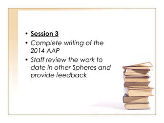 • Session 3
• Complete writing of the
2014 AAP
• Staff review the work to
date in other Spheres and
provide feedback
 