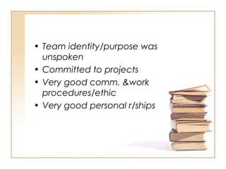 • Team identity/purpose was
unspoken
• Committed to projects
• Very good comm. &work
procedures/ethic
• Very good personal r/ships
 