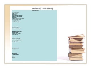 Leadership Team Meeting
 
 
Actions/Decisions
 
Leadership Sphere
Hattie-Chapter 6
•Prep issues
•Term 2 busyness-calendar!
•Prep 2015 Open Mornings
•Myschools
•Reports June 2014-3trial reports
•In-service days –Social?
•Drinks-last Thurs?
•Google docs letter
•Concert times/dates
 
 
 
Education in Faith
•Resurrection Day Mass
•Sacramental workshop
 
 
 
Well-Being (Student/Staff)
•Surveys update
•CASEA –Term 2-Help???
•Mum night out.
 
 
 
 
 
 
 
Learning & Teaching
•Work programs –update
•In-service day f/back
•Conceptual Framework
•Staff Meetings
 
 
 
 
 
 
 
School Community
•Busy Box
 
 
 
 
Management
• Budgets -review
 
 
Affirmation
WHO???
 
 
 
 
 