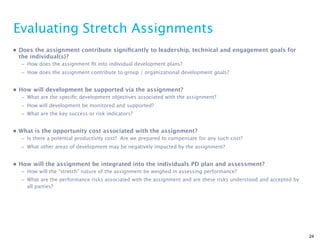 Evaluating Stretch Assignments
• Does the assignment contribute signiﬁcantly to leadership, technical and engagement goals for
  the individual(s)?
  – How does the assignment ﬁt into individual development plans?
  – How does the assignment contribute to group / organizational development goals?


• How will development be supported via the assignment?
  – What are the speciﬁc development objectives associated with the assignment?
  – How will development be monitored and supported?
  – What are the key success or risk indicators?


• What is the opportunity cost associated with the assignment?
  – Is there a potential productivity cost? Are we prepared to compensate for any such cost?
  – What other areas of development may be negatively impacted by the assignment?


• How will the assignment be integrated into the individuals PD plan and assessment?
  – How will the “stretch” nature of the assignment be weighed in assessing performance?
  – What are the performance risks associated with the assignment and are these risks understood and accepted by
    all parties?




                                                                                                                   24
 