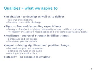 Qualities – what we aspire to

•Inspiration – to develop as well as to deliver
 – Personal and emotional
 – Constant, irresistible challenge
•Rigor – clear and demanding expectations
 – Strength of leader / employee relationship supports difficult messages
 – “Hi-ﬁdelity” message on what meeting and exceeding expectations means
•Resilience – source of strength in difficult times
 – Composure and conﬁdence
 – Consistent positive attitude
•Impact – driving signiﬁcant and positive change
 – Focused and practical innovation
 – Changing the rules of the game
 – Winning in the marketplace
•Integrity – an example to emulate



                                                                            5
 