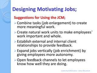 Designing Motivating Jobs;
Suggestions for Using the JCM;
 Combine tasks (job enlargement) to create
  more meaningful wo...