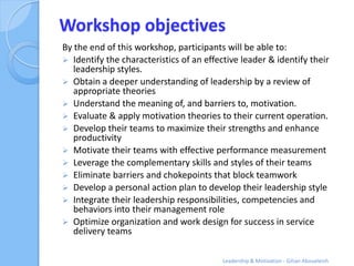 Workshop objectives
By the end of this workshop, participants will be able to:
 Identify the characteristics of an effect...