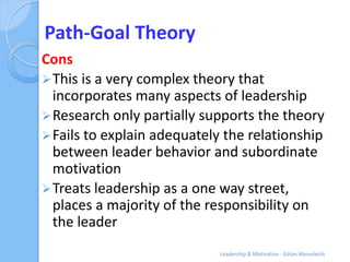 Path-Goal Theory
Cons
 This is a very complex theory that
  incorporates many aspects of leadership
 Research only parti...