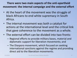 There were two main aspects of the anti-apartheid
movement: the internal campaign and the external effort

• At the heart of the movement was the struggle of
black Africans to end white supremacy in South
Africa.
• The internal movement was both a catalyst for
actions at the international level and the critical link
that gave coherence to the movement as a whole.
• The external effort can be divided into two fronts:
– Regional efforts to provide military bases, material and
diplomatic support for liberation movements; and
– The Diaspora movement, which focused on seeking
international sanctions against the regime and providing
direct aid to the liberation movements.
3/2/2014

The Life and Times of Nelson Mandela

17

 