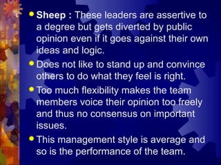  Sheep : These leaders are assertive to
a degree but gets diverted by public
opinion even if it goes against their own
ideas and logic.
 Does not like to stand up and convince
others to do what they feel is right.
 Too much flexibility makes the team
members voice their opinion too freely
and thus no consensus on important
issues.
 This management style is average and
so is the performance of the team.
 