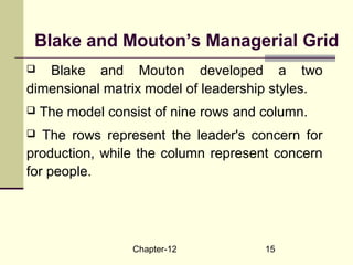 Chapter-12 15
Blake and Mouton’s Managerial Grid
 Blake and Mouton developed a two
dimensional matrix model of leadership styles.
 The model consist of nine rows and column.
 The rows represent the leader's concern for
production, while the column represent concern
for people.
 
