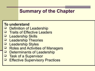 Summary of the Chapter
To understand
 Definition of Leadership
 Traits of Effective Leaders
 Leadership Skills
 Leadership Theories
 Leadership Styles
 Roles and Activities of Managers
 Determinants of Leadership
 Task of a Supervisor
 Effective Supervisory Practices
 
