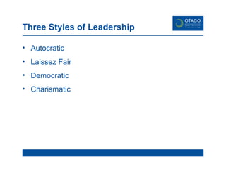 Three Styles of Leadership Autocratic Laissez Fair Democratic Charismatic 