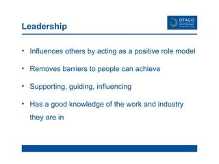 Leadership Influences others by acting as a positive role model Removes barriers to people can achieve Supporting, guiding, influencing Has a good knowledge of the work and industry they are in 