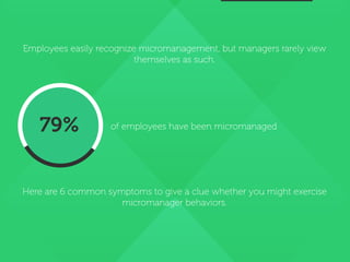 Employees easily recognize micromanagement, but managers rarely view
themselves as such.
Here are 6 common symptoms to give a clue whether you might exercise
micromanager behaviors.
79% of employees have been micromanaged
 