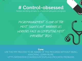 # Control-obsessed
Keeps sending emails to check employees progress
Cure:
USE THE PPP PROCESS TO BE AWARE OF THE PROGRESS WITHOUT BEING
ANNOYING. LEARN MORE:
HTTP://WEEKDONE.COM/RESOURCES/PLANS-PROGRESS-PROBLEMS
MICROMANAGEMENT IS ONE OF THE
MOST SIGNIFICANT BARRIERS U.S
WORKERS FACE IN COMPLETING MOST
IMPORTANT TASKS.
 