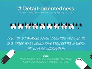 # Suffers from reportomania
Requests unnecessary and overly detailed reports.
Cure:
USE A PROGRESS REPORTING SYSTEM THAT EMPOWERS EMPLOYEES.
TRY HTTP://WEEKDONE.COM.
38% OF EMPLOYEES WOULD RATHER
DO UNPLEASANT ACTIVITIES THAN SIT
NEXT TO THEIR MICROMANAGING
BOSS.
 