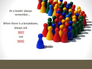 As a leader always
remember…
When there is a breakdown,
always ask
WHY
not
WHO
 