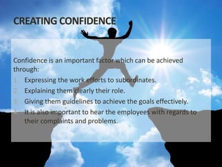 CREATING CONFIDENCE
Confidence is an important factor which can be achieved
through:
1. Expressing the work efforts to subordinates.
2. Explaining them clearly their role.
3. Giving them guidelines to achieve the goals effectively.
4. It is also important to hear the employees with regards to
their complaints and problems.
 