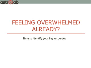 FEELING OVERWHELMED
ALREADY?
Time to identify your key resources
 