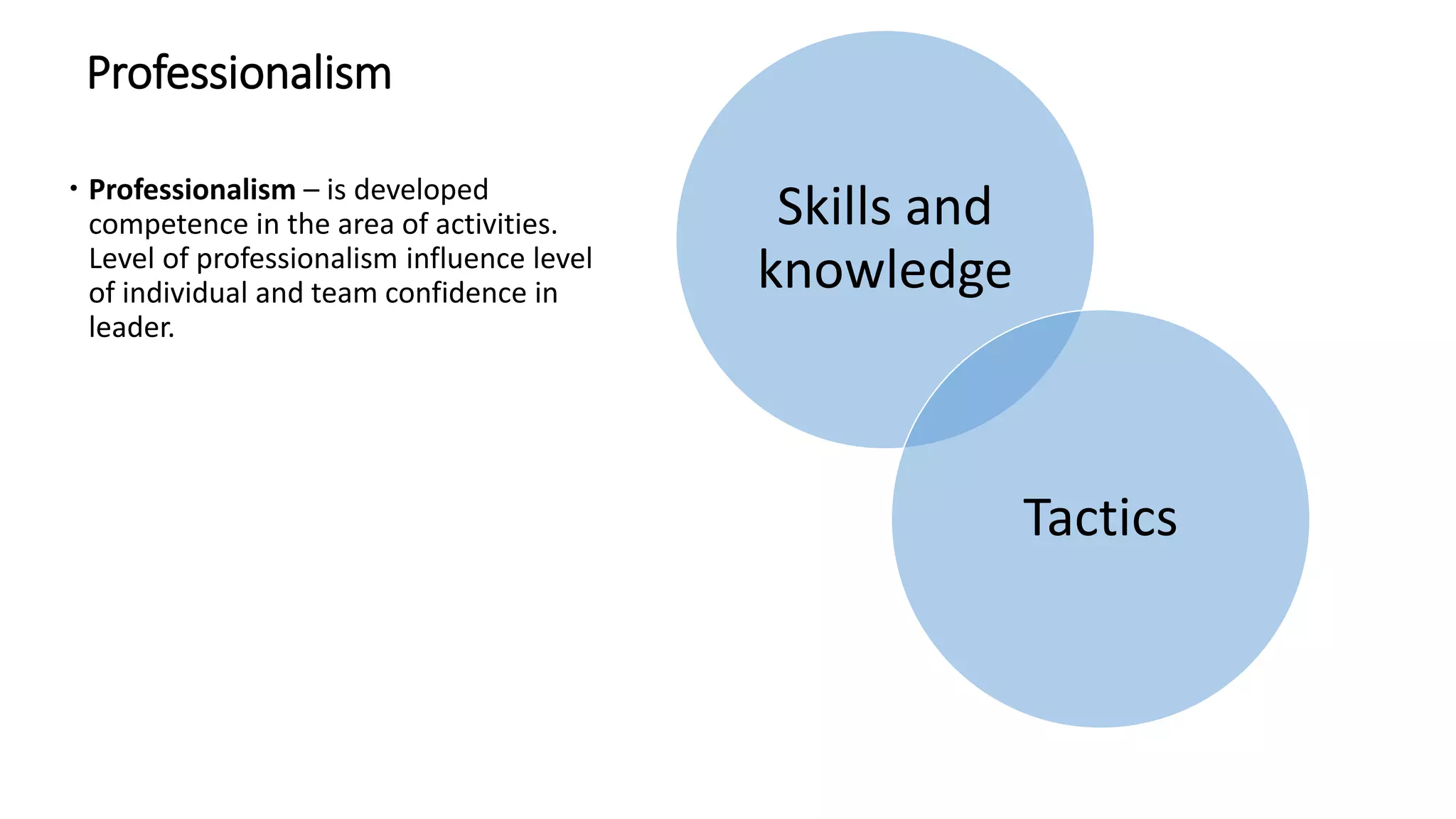 Professionalism
 Professionalism – is developed
competence in the area of activities.
Level of professionalism influence level
of individual and team confidence in
leader.
Skills and
knowledge
Tactics
 