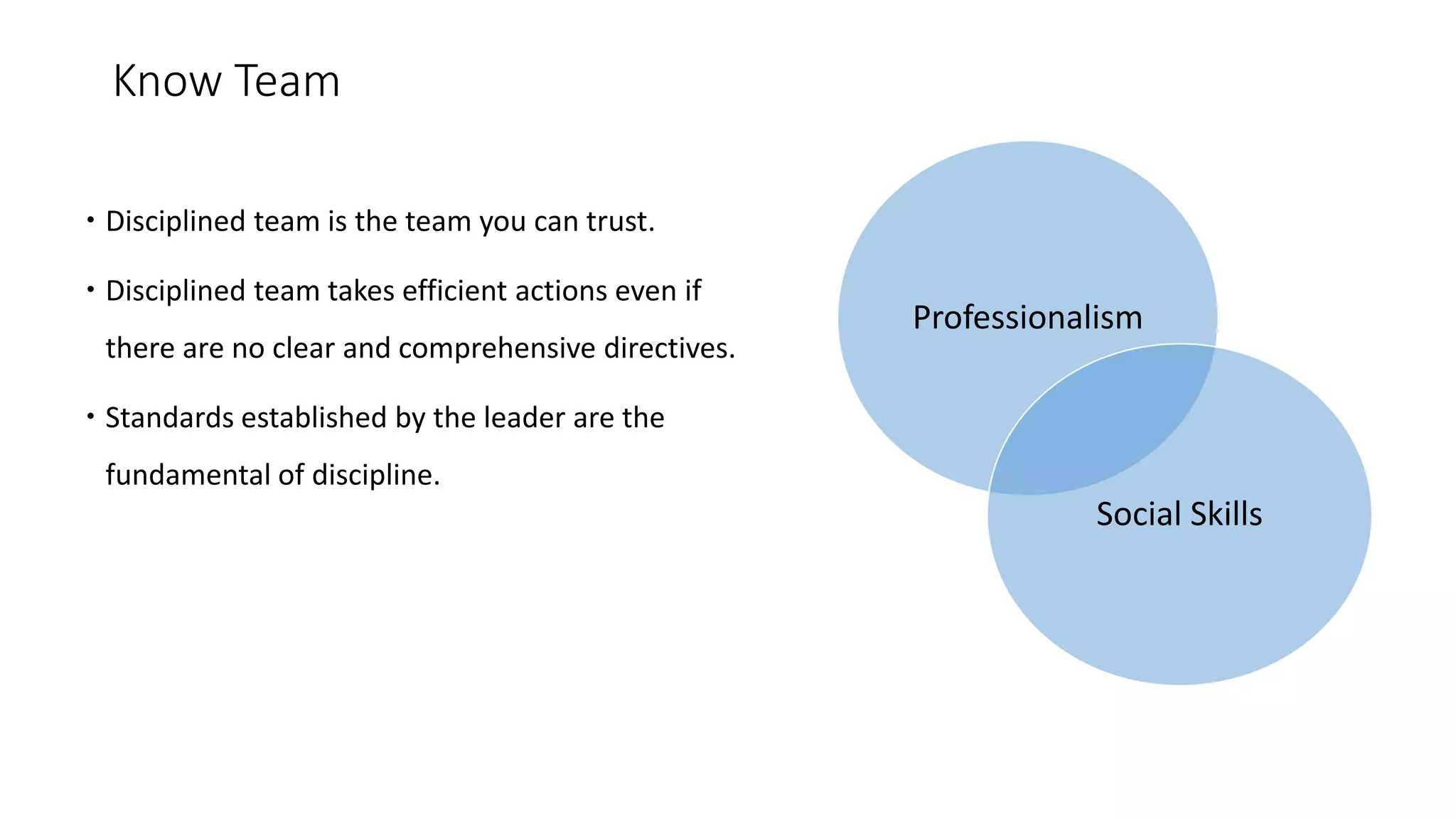 Know Team
 Disciplined team is the team you can trust.
 Disciplined team takes efficient actions even if
there are no clear and comprehensive directives.
 Standards established by the leader are the
fundamental of discipline.
Professionalism
Social Skills
 
