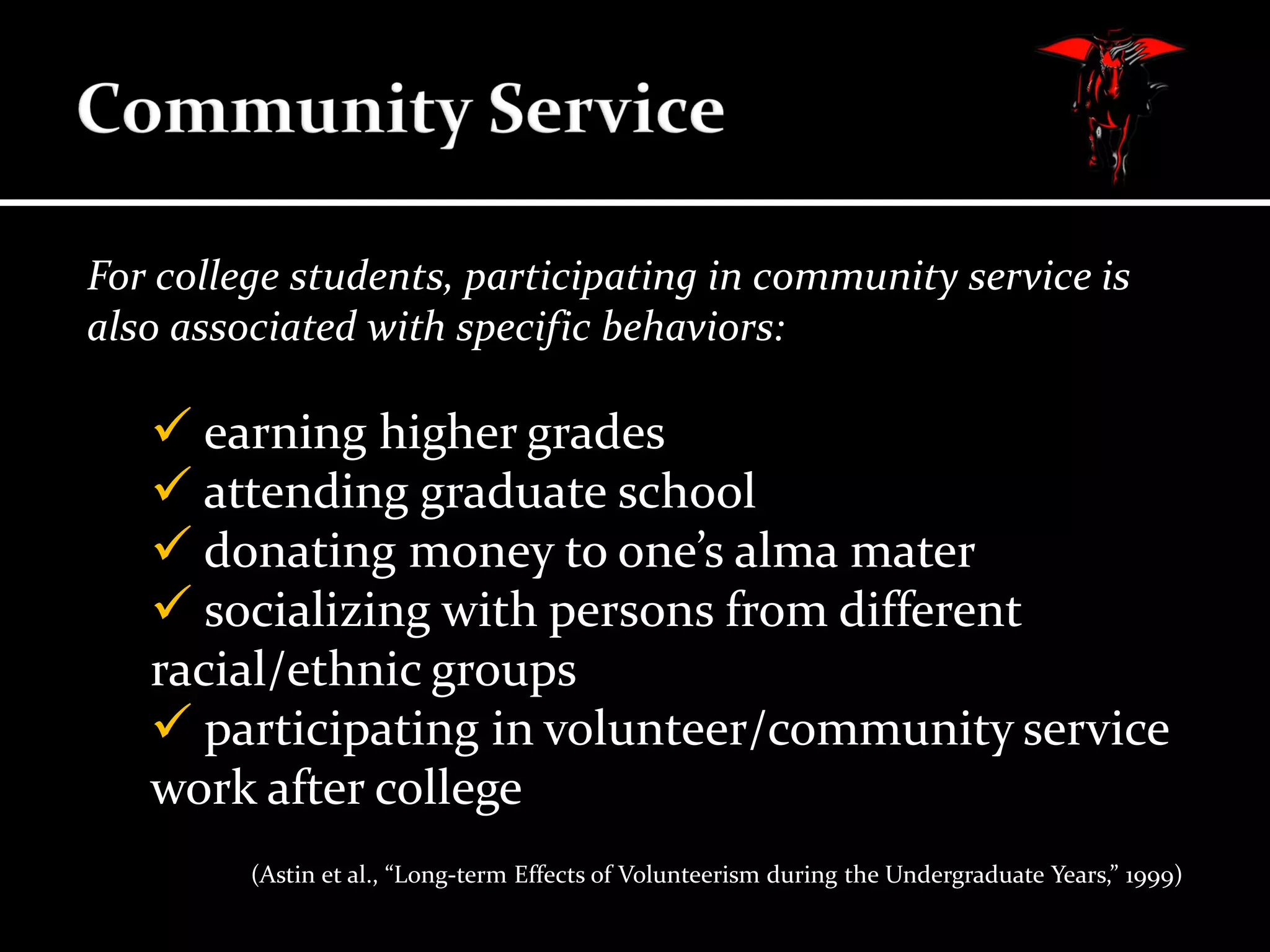 For college students, participating in community service is
also associated with specific behaviors:

 earning higher grades
 attending graduate school
 donating money to one’s alma mater
 socializing with persons from different
racial/ethnic groups
 participating in volunteer/community service
work after college
(Astin et al., “Long-term Effects of Volunteerism during the Undergraduate Years,” 1999)

 