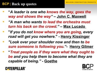 Back up quotes “ A leader is one who  knows the way, goes the way and shows the way ” –  John C. Maxwell   “ A man who wants  to lead the orchestra must turn his back on the crowd .”  –  Max Lucado  " If you do not  know where you are going , every road will get you nowhere ." -  Henry Kissinger "Look over your shoulder now and then to  be sure someone is following you .” -   Henry Gilmer “ Treat people as if they were what they ought to be  and you help them to become what they are capable of being.” -  Goethe 