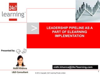 www.24x7learning.com © 2013, Copyright, 24x7 Learning Private Limited.
>
© 2014, Copyright, 24x7 Learning Private Limited.
LEADERSHIP PIPELINE AS A
PART OF ELEARNING
IMPLEMENTATION
1
nidhi.khanna@24x7learning.comNidhi Khanna
L&D Consultant
Presented by
 