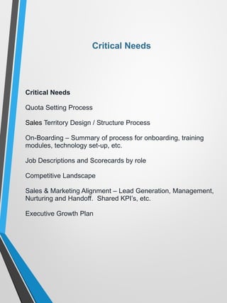 Critical Needs
Critical Needs
Quota Setting Process
Sales Territory Design / Structure Process
On-Boarding – Summary of process for onboarding, training
modules, technology set-up, etc.
Job Descriptions and Scorecards by role
Competitive Landscape
Sales & Marketing Alignment – Lead Generation, Management,
Nurturing and Handoff. Shared KPI’s, etc.
Executive Growth Plan
 