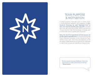 In today’s workplace, meaningful work is a primary factor
in driving employee satisfaction and engagement. In fact,
Nordstrom Technology has rated “Meaningful Work” as
their most important NorDNA value since 2013, consistent
with trends seen across the US (PwC, 2015). As we shift to a
“Purpose Economy” (Dan Pink) employees increasingly want
to connect their work to a greater sense of purpose.
Being clear about the organizational and team purpose can
provide a path to meaningful work. For individual purpose, take
time to understand the unique intrinsic motivations of each
member of your team.  Once these are established, provide
the support needed (emotional and practical) for employees
to make forward progress and celebrate wins large and small.  
TEAM PURPOSE
 MOTIVATION
“We have entered a new age of fulfillment, in which the
great dream is to trade up from money to meaning.”
~ Roman Krznaric
 