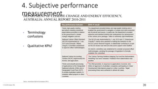 © The KPI Institute 2016
Source: Australian Federal Government (2011)
DEPARTMENT OF CLIMATE CHANGE AND ENERGY EFFICIENCY,
AUSTRALIA: ANNUAL REPORT 2010-2011
20
4. Subjective performance
measurement
• Terminology
confusions
• Qualitative KPIs?
 