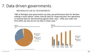 © The KPI Institute 2016
Source: The Center for Local, State and Urban Policy (2011)
24
7. Data driven governments
MICHINGAN LOCAL GOVERNMENT
“68% of Michigan local governments say they use performance data for decision-
making in some fashion—either internal data for measuring their own operations
or external data for benchmarking against other units— while just under one-
third (29%) say they do not use data in these ways.”
 