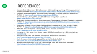 © The KPI Institute 2016
REFERENCES
56
• Australian Federal Government (2011), Department of Climate Change and Energy Efficiency annual report
2010–11. Available at: http://www.climatechange.gov.au/about-us/annual-reports/annual-report-2010-11;
• Embassy of Brunei Darussalam to the United States of America (n.d.), Brunei Vision 2035-Wawasan 2035.
Available at: http://www.bruneiembassy.org/brunei-vision-2035.htm;
• Emirates Identity Authority (2014), United Arab Emirates Strategic Plan. Available at:
www.id.gov.ae/assets/ql375iED.pdf.aspx;
• Government Communication Service (2016), Government Communication Professional Competency Framework.
Available at: https://gcs.civilservice.gov.uk/wp-content/uploads/2016/06/gcs.civilservice...competency-
Framework-Feb-16-1.pdf;
• Government of Canada (2016), A Leadership Development Framework for the Public Service of Canada.
Available at: https://www.tbs-sct.gc.ca/psm-fpfm/learning-apprentissage/ptm-grt/ldf-cpl-eng.asp;
• INFOCOMM Media Development Authority (2016), Service Standards. Available at:
https://www.imda.gov.sg/about/service-standards;
• Innovating the Public Sector: from Ideas to Impact, OECD Conference Centre Paris (2014). Available at:
www.oecd.org;
• Kingdom of Saudi Arabia 2030, National Transformation Program 2020. Available at:
http://vision2030.gov.sa/sites/default/files/NTP_En.pdf;
• Media Development Authority, Singapore (2015), Service Standards. Available at:
http://www.mda.gov.sg/AboutMDA/ServiceStandards/Pages/default.aspx;
• Michigan Public Policy Survey (2011), The Center for Local, State, and Urban Policy. Available at:
http://closup.umich.edu/files/MPPS-2011-data-use.pdf;
 