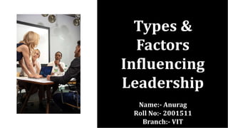 Types &
Factors
Influencing
Leadership
Name:- Anurag
Roll No:- 2001511
Branch:- VIT
 