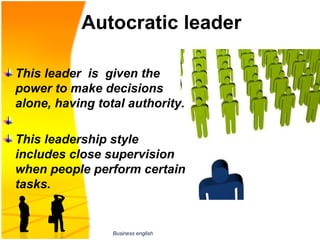 Autocratic leader

This leader is given the
power to make decisions
alone, having total authority.

This leadership style
includes close supervision
when people perform certain
tasks.


                 Business english
 