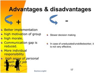 Advantages & disadvantages

       +                                            -
Better implementation
high motivation of group              Slower decision making
high morale.
Communication gap is                  In case of uneducated/unskilledworker, it 
reduced.                              is not very effective.
More individual 
responsibility
 high sense of personal
growth and job
satisfaction.
                   Business english
                                                         17
 