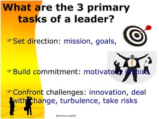 What are the 3 primary
  tasks of a leader?

Set direction: mission, goals, vision



Build commitment: motivate & inspire

Confront challenges: innovation, deal 
 with change, turbulence, take risks
              Business english
 
