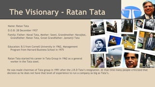 The Visionary - Ratan Tata
Name: Ratan Tata
D.O.B: 28 December 1937
Family: Father: Naval Tata, Mother: Sooni, Grandmother: Navajbai,
Grandfather: Ratan Tata, Great Grandfather: Jamsetji Tata
Education: B.S from Cornell University in 1962, Management
Program from Harvard Business School in 1975

Ratan Tata started his career in Tata Group in 1962 as a general
worker in the Tata steel.
He was made chairman of Tata group in 1991 after the J.R.D Tata’s resignation. At that time many people criticized that
decision as he does not have that level of experience to run a company as big as Tata’s.

 