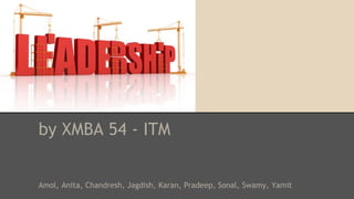 by XMBA 54 - ITM
Amol, Anita, Chandresh, Jagdish, Karan, Pradeep, Sonal, Swamy, Yamit

 