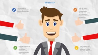 BENEFITS
The focus is on
producing results in a
positive environment
and way.
They set stretch
goals that motivate
themselves and
others to push harder
for achievement,
continuous learning
and success.
Positive impact in the
world, and this
combination
revitalizes and
powers a visionary
work culture.
High integrity that
inspires trust and
dives right into the
nitty-gritty of the work
 