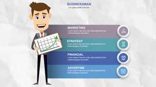 BUSINESSMAN
Your great subtitle in this line
Lorem Ipsum has two main data statistical this
methodologies important.
MARKETING
Lorem Ipsum has two main data statistical this
methodologies important.
STRATEGY
Lorem Ipsum has two main data statistical this
methodologies important.
FINANCIAL
Lorem Ipsum has two main data statistical this
methodologies important.
ADVERTISE
 