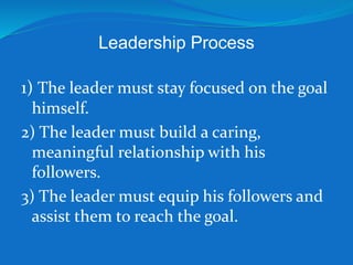 Leadership Process 
1) The leader must stay focused on the goal 
himself. 
2) The leader must build a caring, 
meaningful relationship with his 
followers. 
3) The leader must equip his followers and 
assist them to reach the goal. 
 