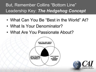 But, Remember Collins “Bottom Line”
Leadership Key: The Hedgehog Concept
• What Can You Be “Best in the World” At?
• What Is Your Denominator?
• What Are You Passionate About?
 
