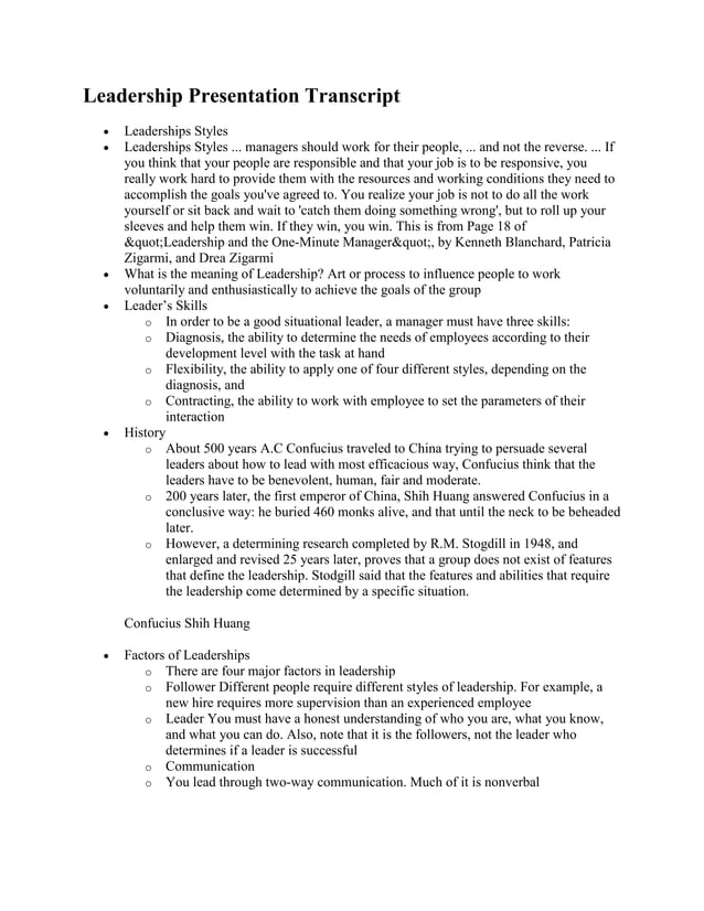 Leadership presentation transcript | DOCX | Executive Leadership ...