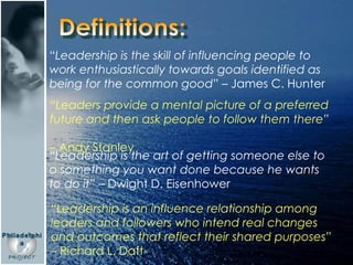 Definitions: “ Leadership is the skill of influencing people to work enthusiastically towards goals identified as being fo...