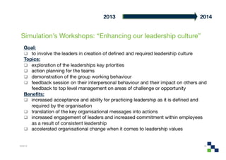 2013
                                      2014


 Simulation’s Workshops: “Enhancing our leadership culture”
    Goal:
      to involve the leaders in creation of deﬁned and required leadership culture
    Topics:
      exploration of the leaderships key priorities
      action planning for the teams
      demonstration of the group working behaviour
      feedback session on their interpersonal behaviour and their impact on others and
       feedback to top level management on areas of challenge or opportunity
    Beneﬁts:
      increased acceptance and ability for practicing leadership as it is deﬁned and
       required by the organisation
      translation of the key organisational messages into actions
      increased engagement of leaders and increased commitment within employees
       as a result of consistent leadership
      accelerated organisational change when it comes to leadership values


4/24/12
                                                                             10
 