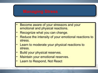 Managing Stress
• Become aware of your stressors and your
emotional and physical reactions.
• Recognize what you can change.
• Reduce the intensity of your emotional reactions to
stress.
• Learn to moderate your physical reactions to
stress.
• Build your physical reserves.
• Maintain your emotional reserves.
• Learn to Respond, Not React
• Become aware of your stressors and your
emotional and physical reactions.
• Recognize what you can change.
• Reduce the intensity of your emotional reactions to
stress.
• Learn to moderate your physical reactions to
stress.
• Build your physical reserves.
• Maintain your emotional reserves.
• Learn to Respond, Not React
 