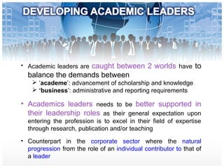 • Academic leaders are caught between 2 worlds have to
balance the demands between
 ‘academe’: advancement of scholarship and knowledge
 ‘business’: administrative and reporting requirements
• Academics leaders needs to be better supported in
their leadership roles as their general expectation upon
entering the profession is to excel in their field of expertise
through research, publication and/or teaching
• Counterpart in the corporate sector where the natural
progression from the role of an individual contributor to that of
a leader
 