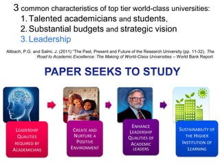 3 common characteristics of top tier world-class universities:
1.Talented academicians and students,
2.Substantial budgets and strategic vision
3.Leadership
Altbach, P.G. and Salmi, J. (2011) “The Past, Present and Future of the Research University (pp. 11-32), The
Road to Academic Excellence: The Making of World-Class Universities – World Bank Report
 