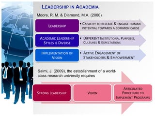Moore, R. M. & Diamond, M.A. (2000)
Salmi, J. (2009), the establishment of a world-
class research university requires
 